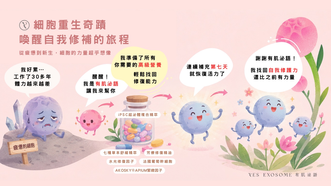 從疲憊的細胞到重生：有肌泌語 iPSC 超泌體複合精萃連續補充七天，喚醒細胞自我修護力的旅程